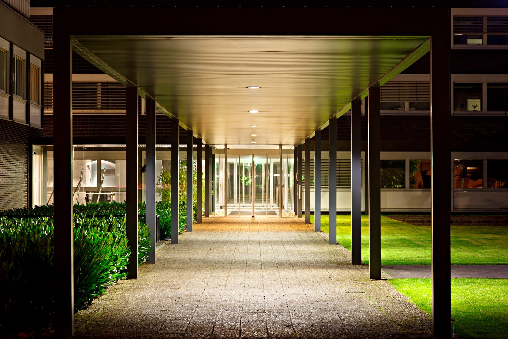 Roofed Office Building Entrance At Night